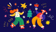 © moleskostudio - Merry Christmas holiday illustration. Christmas decorative banner with fun people, Christmas tree and gifts. People are dancing, having fun and celebrating Christmas