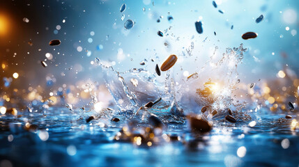 Poster - Water splash with coins creating ripples and reflections in blue light