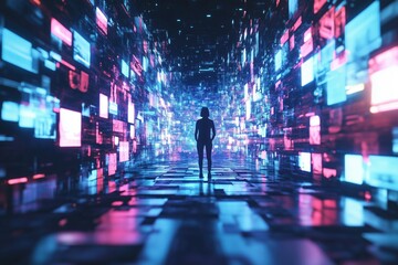 Poster - digital corridor with silhouette, vibrant screens, futuristic technology