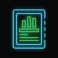 Poster - Neon glowing icon of a tablet showing growing statistics on its screen over black background