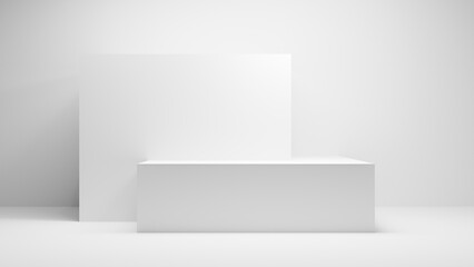 Poster - White table background. White empty Table platform cube with spotlight in white empty studio room. White display wall platform presentation, - white geometrical forms cube place mock up for products