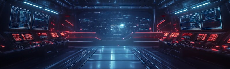 Poster - A futuristic control room featuring glowing blue and red lights, sleek surfaces, and high-tech interfaces, creating a sci-fi atmosphere.