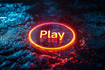 Poster - A sleek, minimalist Play button glowing with metallic-neon light on a pure black background, radiating futuristic vibes,