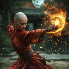 Wall Mural - bald female monk casting elemental magic 