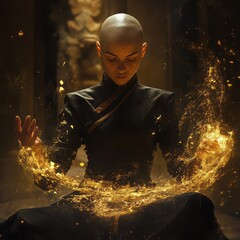 Wall Mural - bald female monk casting elemental magic 