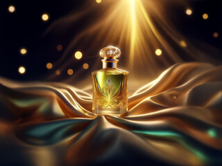 Aufkleber - A glass bottle of perfume sits on a bed of golden silk, bathed in warm light.