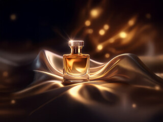 Poster - A single bottle of perfume sits on a luxurious, golden satin fabric with a glittering bokeh background.