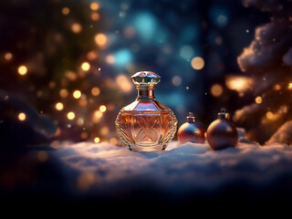 Poster - A glass bottle of perfume sits on a snowy surface with two ornaments and a bokeh background of glowing lights.