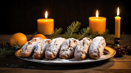 Wall Mural - Traditional Christmas stollen with candlelight