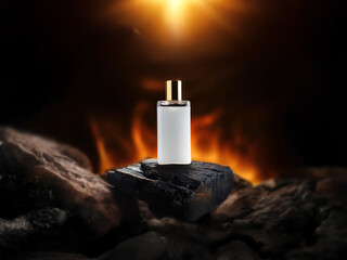 Aufkleber - A white, rectangular object with golden accents sits on a rock in front of a burning fireplace.