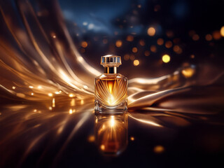 Aufkleber - A single bottle of amber-colored perfume is showcased against a backdrop of golden satin and shimmering lights.