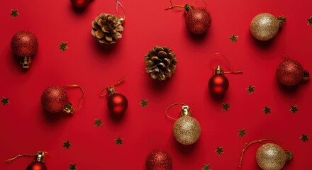 Wall Mural - red and gold christmas baubles and pine cones arranged on a vibrant red background, evoking a warm a