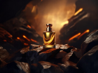 Poster - A glass bottle of perfume sits on a pile of rocks with a fiery, smoky background.