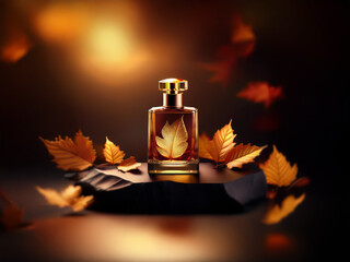 Poster - A glass perfume bottle with a gold cap stands on a dark gray stone surrounded by fall leaves, with a warm golden background.