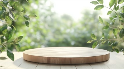 Poster - natural wooden display platform surrounded by lush greenery in a serene outdoor setting during dayli