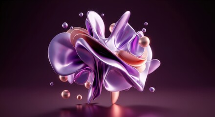 Poster - Metallic purple and pink abstract form with spheres floating on dark background, creating a visually appealing design