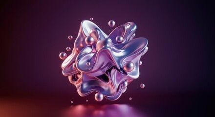 Poster - Metallic, abstract form with floating spheres hovering in a dark, gradient background, creating a visually appealing 3d render