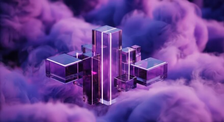 Poster - Glass cubes and rectangles glowing with purple light rise from a cloud of smoke, symbolizing innovation, technology, and the future