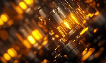 Leinwandbilder - A close-up view of illuminated circuitry, focusing on radiant tubes, showcasing a mix of metallic and glowing elements in a high-tech environment.