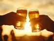 © NEW - Cheers at sunset with two glasses of beer, celebrating friendship and good times in a warm, golden atmosphere.