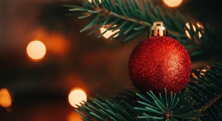 Wall Mural - glittering red christmas ornament hanging on a christmas tree branch, illuminated by warm festive li