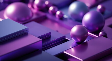 Poster - Metallic spheres rolling on purple geometric shapes create a futuristic and abstract composition