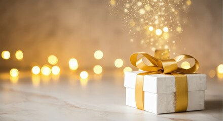 Wall Mural - white gift box with golden ribbon emitting magic sparkles on a table with bokeh lights, perfect for 