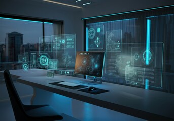 Poster - Futuristic control room showing holographic data analysis on multiple digital screens in a modern office at night