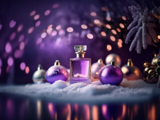 Poster - A purple perfume bottle surrounded by purple and silver ornaments rests on a snowy surface with a blurred bokeh background.