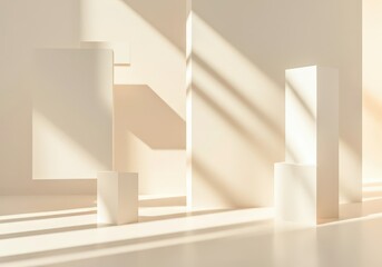Poster - Minimalist room with white geometric podiums illuminated by natural sunlight, ideal for product showcasing