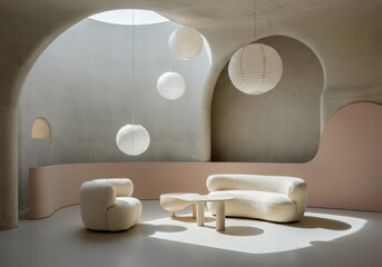 Poster - Modern interior design showcasing a minimalist aesthetic with stylish furniture, paper lamps, and a concrete ceiling