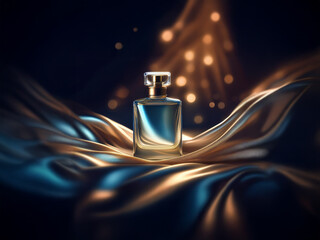Aufkleber - A glass bottle of perfume sits on a luxurious blue satin cloth with a blurry bokeh of warm lights in the background.