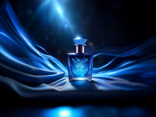 Poster - A glass bottle of perfume with a diamond-shaped stopper sits on a blue fabric, illuminated by a spotlight.