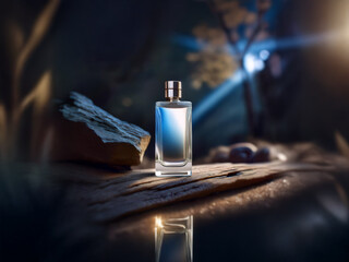 Poster - A glass perfume bottle sits on a wooden surface with a rocky background, illuminated by a soft light.