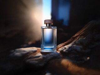 Poster - A glass bottle of perfume with a wooden cap sits on a weathered piece of driftwood. The sun shines through the bottle, casting a warm glow.