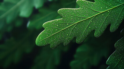 Poster - Macro close up of green leaf with morning dew droplets glistening