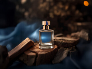 Poster - A glass bottle of perfume sits on a wooden block with a blue fabric backdrop.