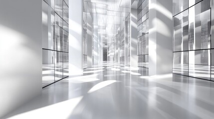 Fototapete - An abstract labyrinth of mirrors and white grid panels, with light bouncing off the surfaces, creating dynamic reflections and shadows.