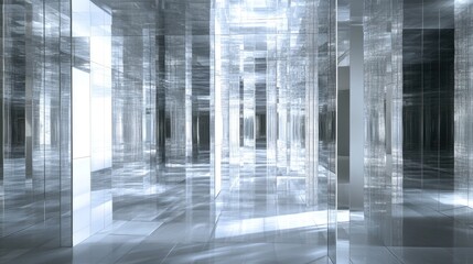 Fototapete - An abstract labyrinth of mirrors and white grid panels, with light bouncing off the surfaces, creating dynamic reflections and shadows.