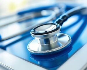 A stethoscope on a blue surface, close-up image