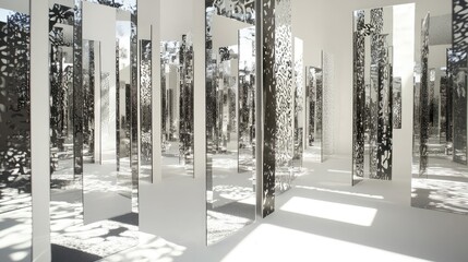 Fototapete - Grid of mirrors forming a maze-like structure, with white walls and intricate shadows playing across the reflective surfaces.
