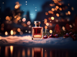 Poster - A perfume bottle sits on a snowy surface in front of a blurred background of Christmas lights.