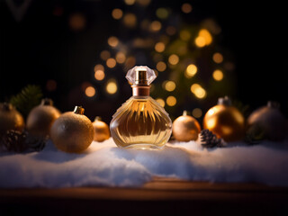Poster - A glass bottle of perfume sits on a wooden surface covered in snow, surrounded by gold ornaments and pine cones. A blurry background shows a tree with golden lights.