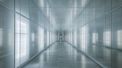Fototapete - Maze-like grid structure of mirrors and white walls, illuminated by soft light, casting detailed reflections and shadows for a minimalist effect.