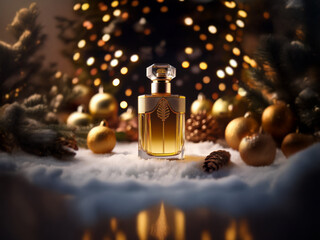 Poster - A bottle of perfume sits on a snowy surface with a blurred background of a decorated Christmas tree and ornaments.
