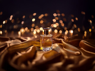Poster - A glass bottle of perfume sits on a golden silk fabric with bokeh lights in the background.