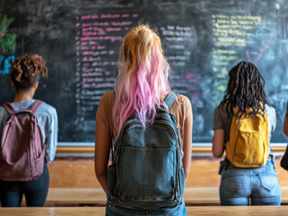 Diverse group of students with backpacks observing chalkboard filled with ideas. atmosphere is creative and collaborative, showcasing vibrant learning environment