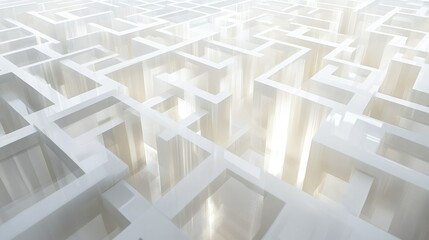 Fototapete - White labyrinth with mirror panels reflecting sharp grid lines, casting complex light and shadow patterns for a minimalist yet intricate design.