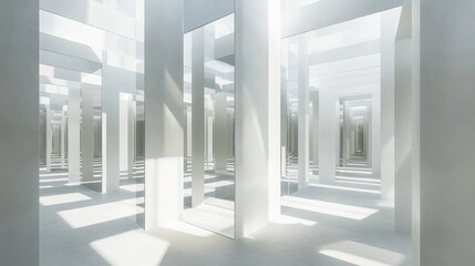 Fototapete - White labyrinth with mirror panels reflecting sharp grid lines, casting complex light and shadow patterns for a minimalist yet intricate design.