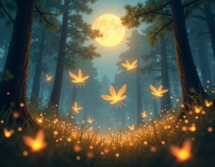 Wall Mural - Enchanting Creatures Illuminated by Moonlight in a Tranquil Forest